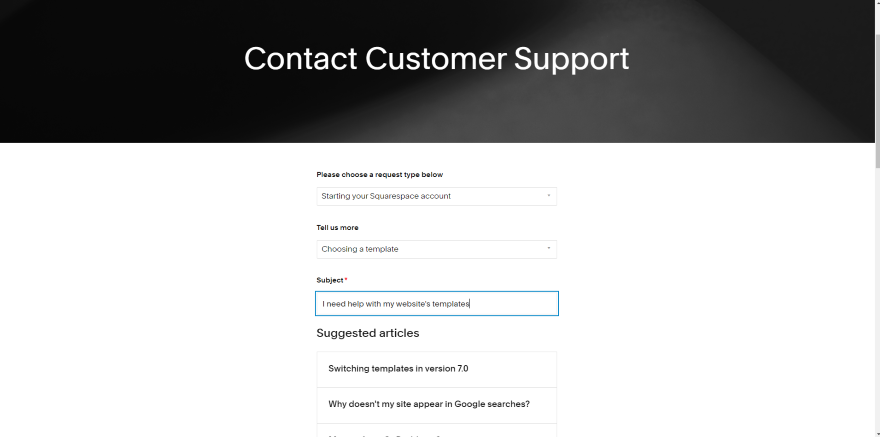 Screenshot of the Squarespace Contact Customer Support page with options for starting an account and choosing a template.