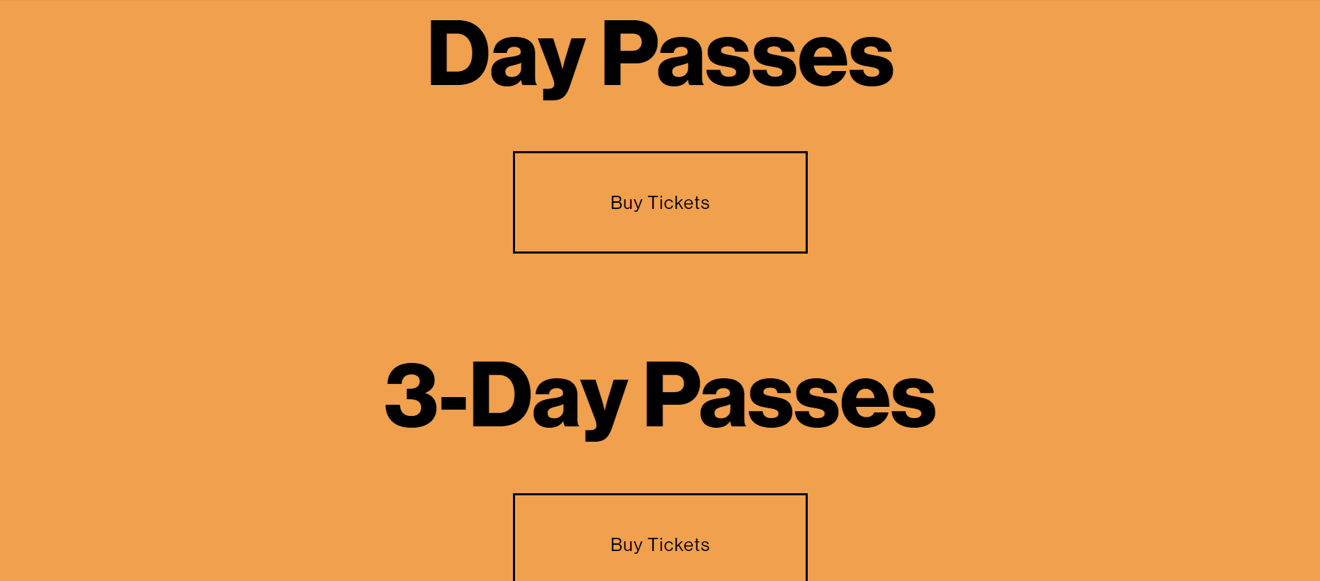 Screenshot of an orange Squarespace website page offering two different music festival passes with "Buy Tickets" CTA buttons