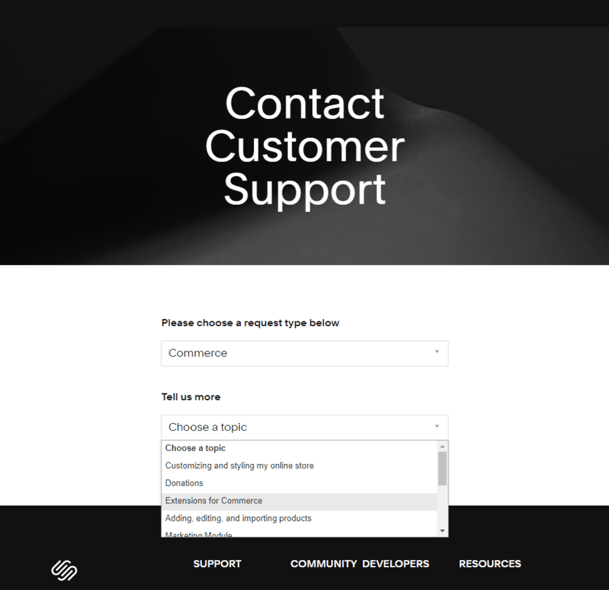 screenshot of the customer support page on Squarespace's website