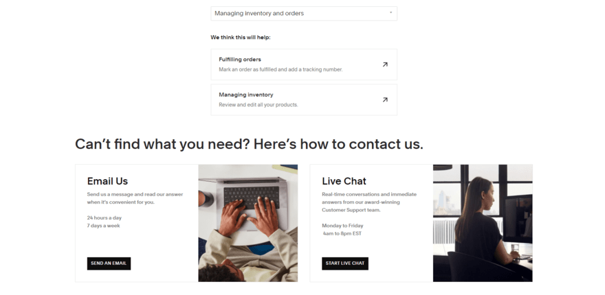 Screenshot of Squarespace customer support page offering email, and live chat contact options.