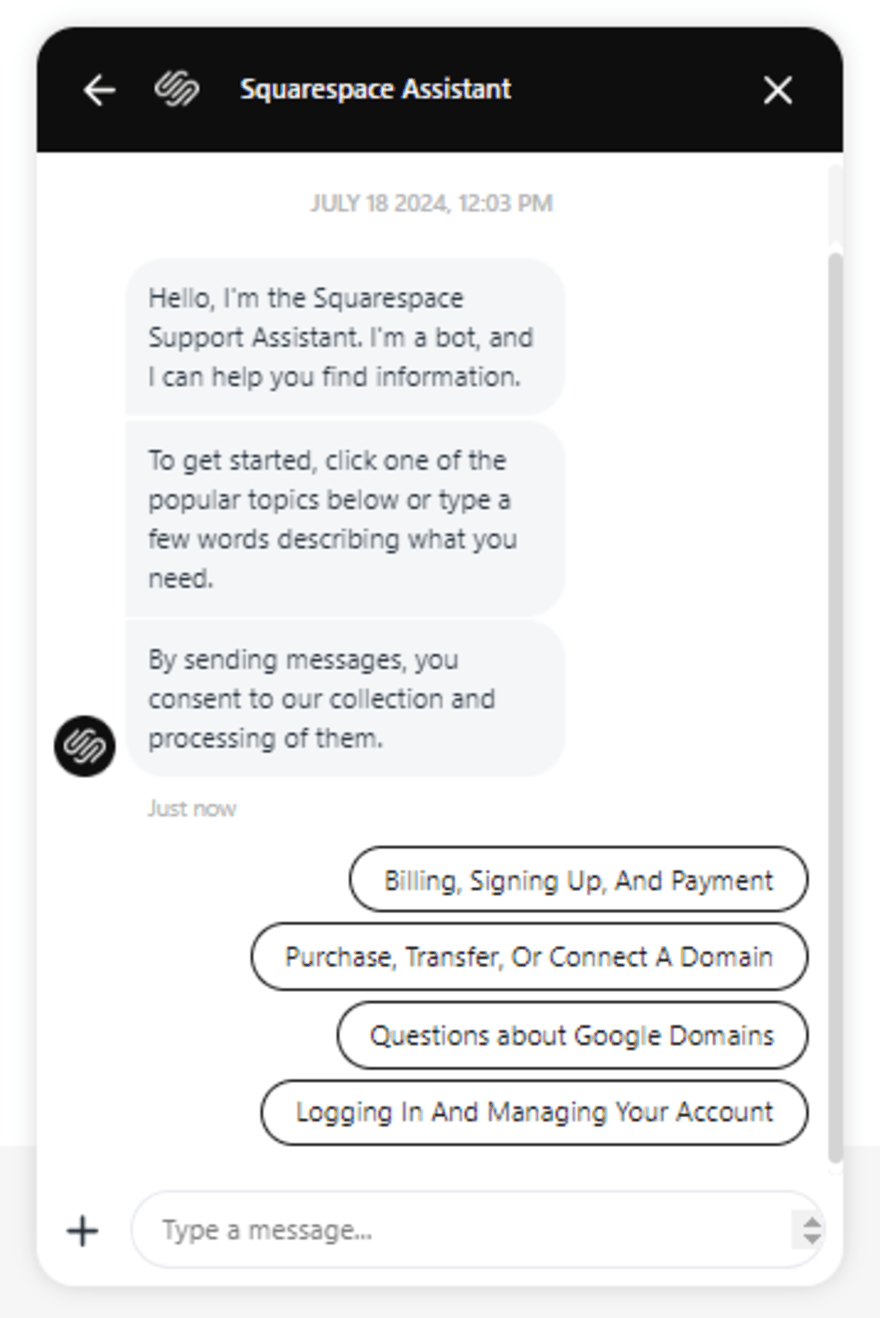 Screenshot from Squarespace customer service Support Assistant