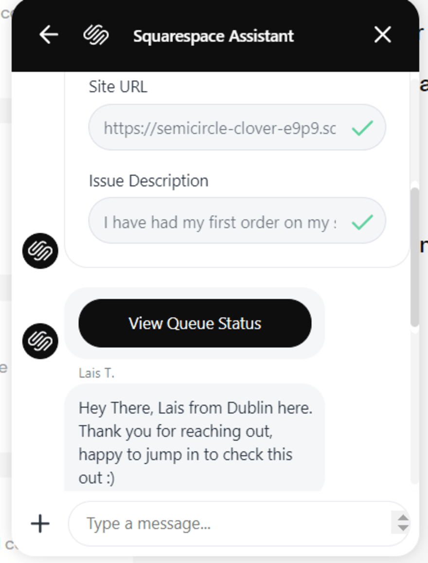 screenshot of response from Squarespace Live Chat