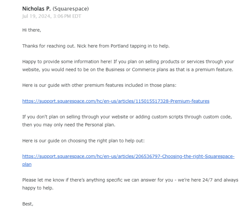 screenshot of email from Squarespace customer service.