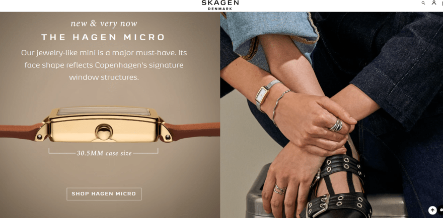 two large product images next to each other of a watch alone and on a woman's wrist on the Skagen homepage