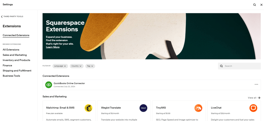 squarespace extensions in account settings