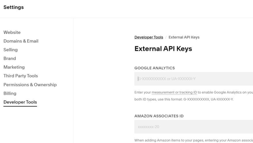 Squarespace settings page to add Google Analytics to your site