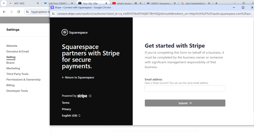 Screenshot showing the Squarespace dashboard page for Stripe payment integration.