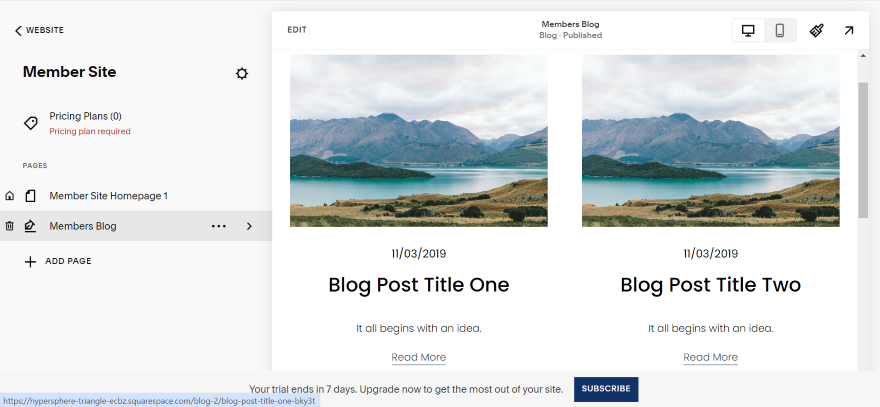 Screenshot of a user's member site within the Squarespace editor showing blog post previews and layout options.