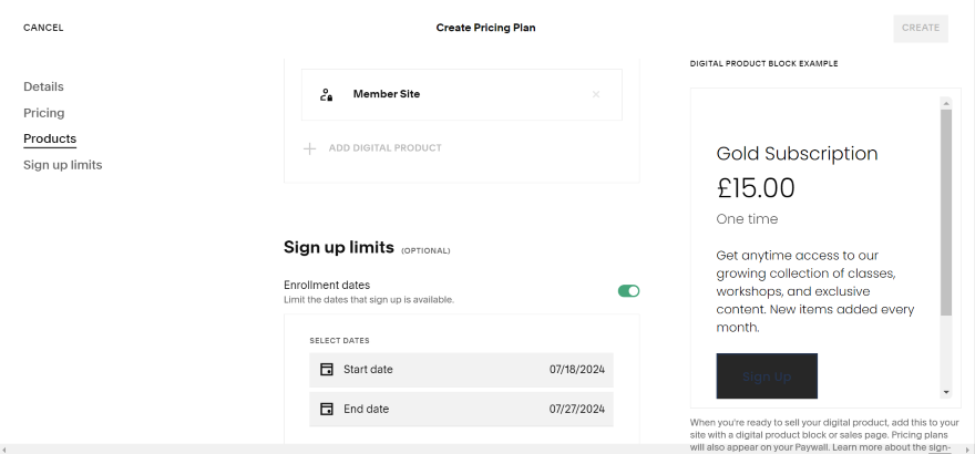 Screenshot of the Squarespace editor showing the "Create Pricing Plan" interface with details and sign-up limits for a Member Site.