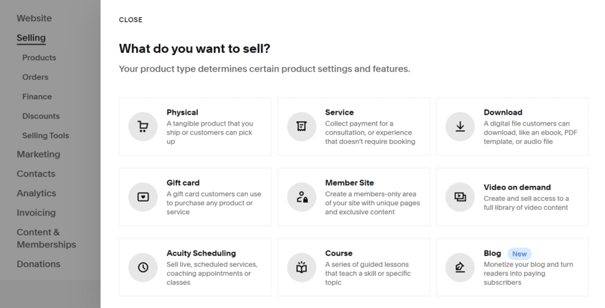 Product options in Squarespace's selling option