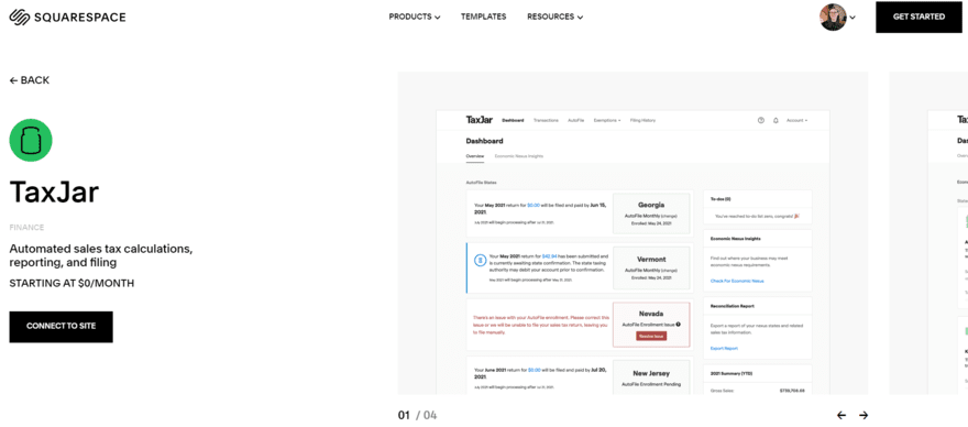 TaxJar squarespace plugin homepage