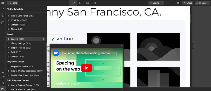 Screenshot of a Webflow Editor tutorial showcasing how to adjust spacing on web design elements.