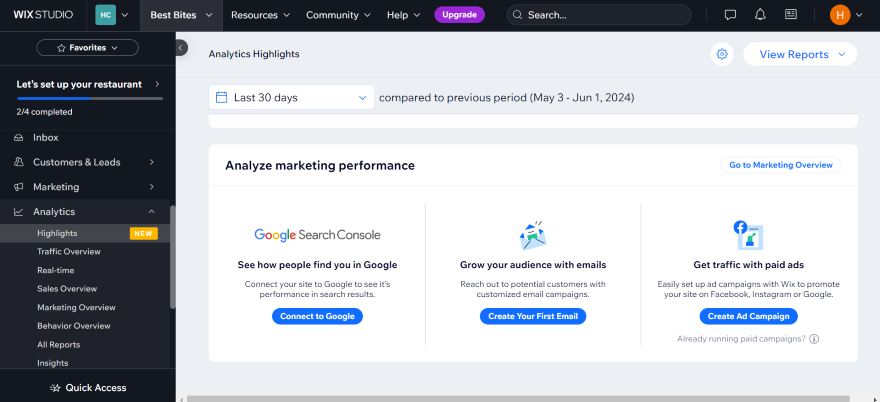 Screenshot of Wix dashboard highlighting the analytics section, showcasing marketing performance tools and engagement features.