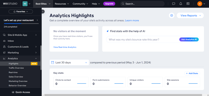 Screenshot of Wix dashboard showing Analytics Highlights with no current visitors and options to view reports.