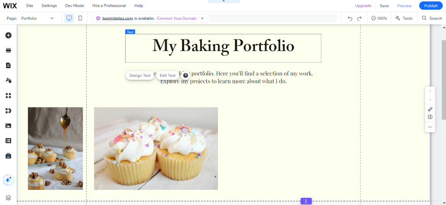 A selection of custom-decorated cupcakes with colorful sprinkles, featured on a baking portfolio page.