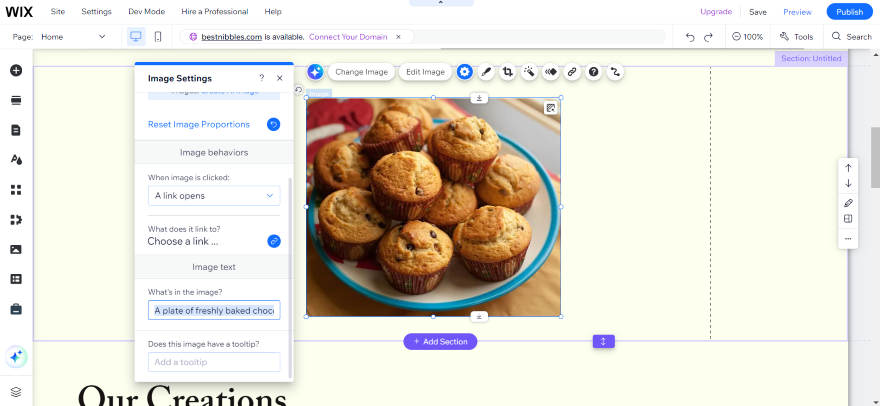 A plate of freshly baked chocolate chip muffins on a table, showcasing Wix alt text feature.