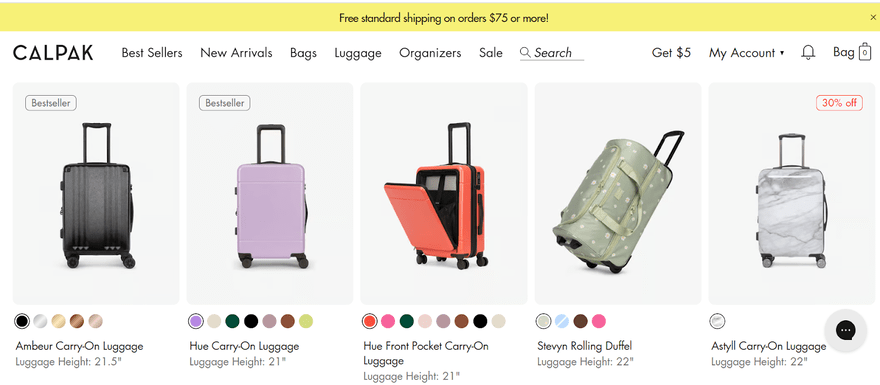 row of product images of carry-on luggage on Calpak online store