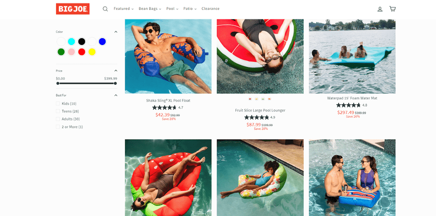 product listings of inflatable pool floats on Big Joe's