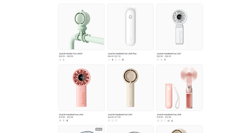 Product listings of portable fans on Jisu