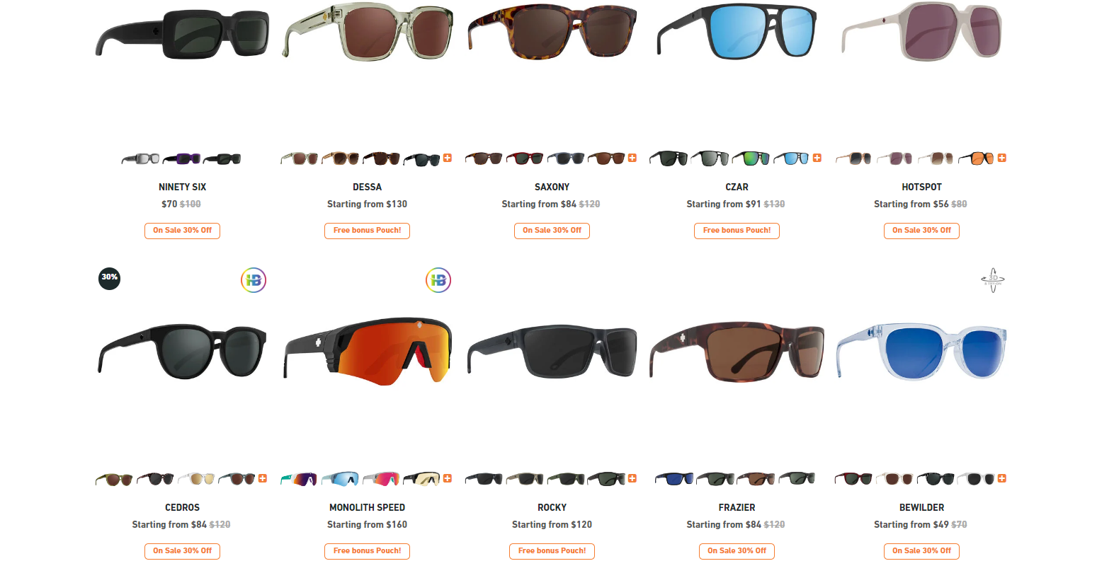 sunglasses product listings on Spyoptic