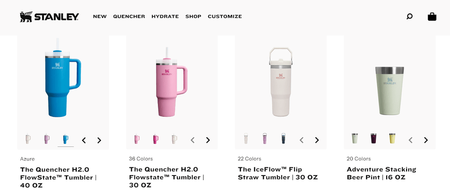 product images of water bottles on the Stanley website