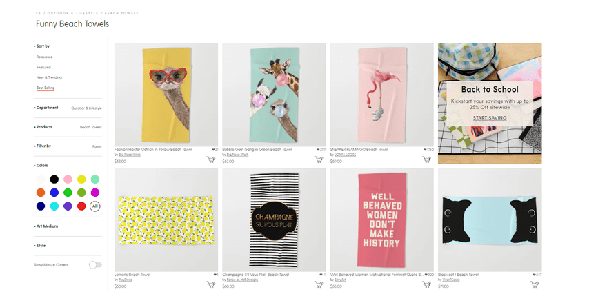 product listings for beach towels on the Society6 website