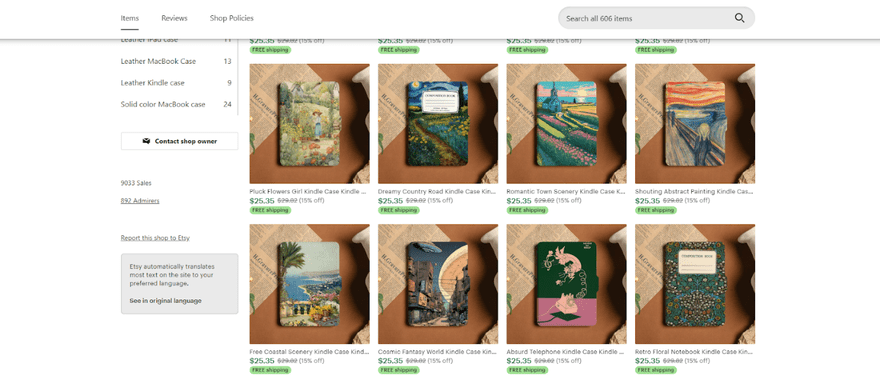 Product listings for Kindle cases on Etsy website