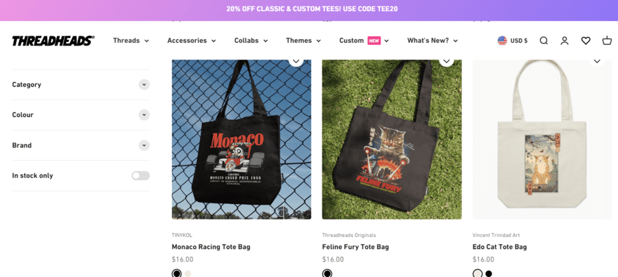 Tote bags on Threadheads website