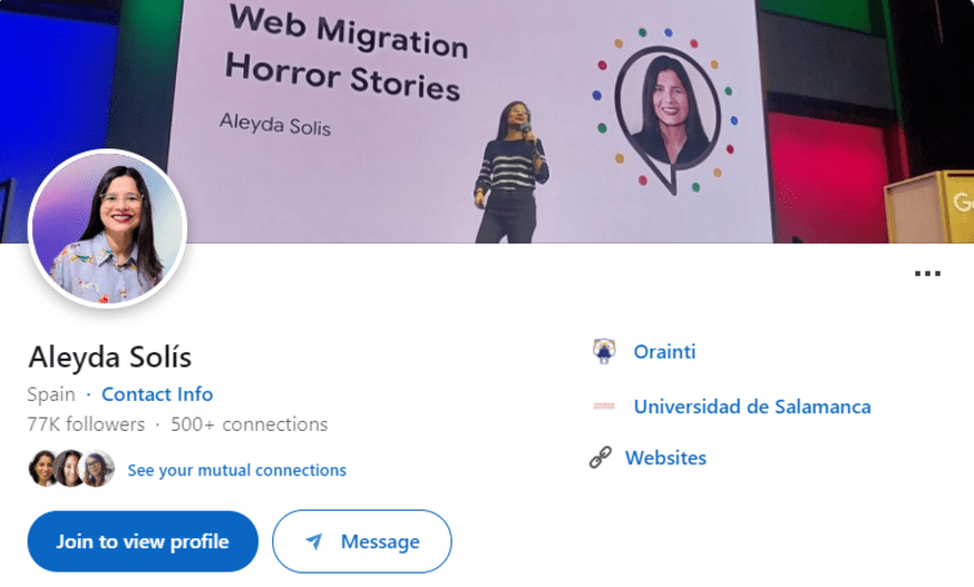 screenshot of Aleyda Solis' LinkedIn header and profile photo