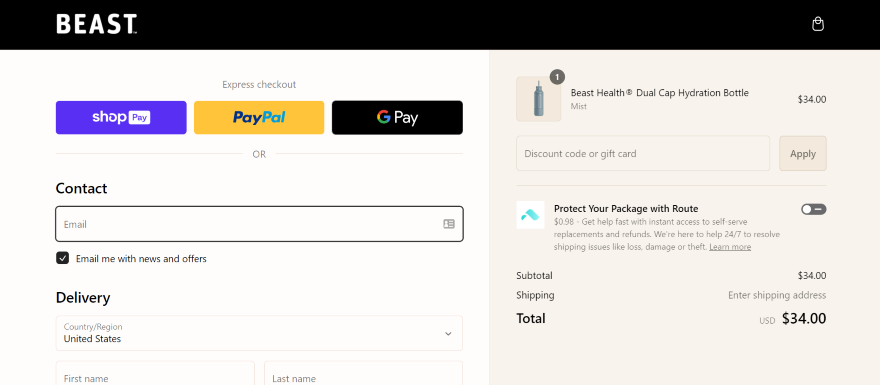 A user-friendly ecommerce site interface showing a simple checkout screen with express payment options and a summary of the purchase.