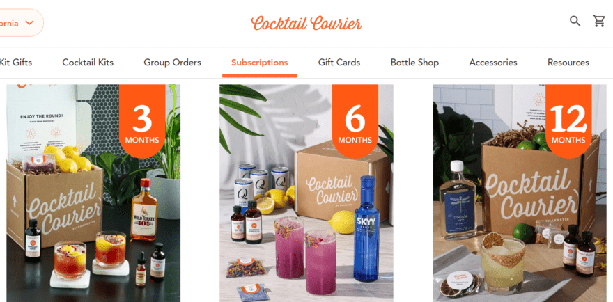 Cocktail Courier subscription options showing the product and branded packaging