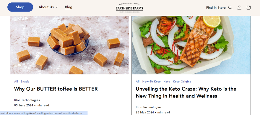 A vibrant display of Earthside Farms' webpage, showcasing an efficient ecommerce site layout with highlighted products and informative blog entries.