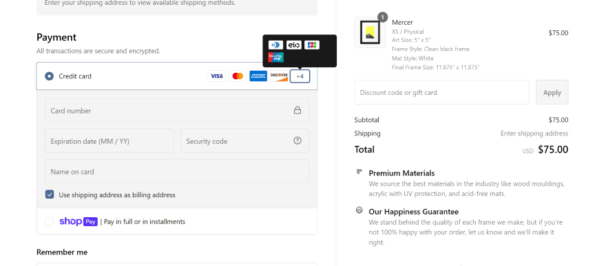 Secure checkout page on an ecommerce site showcasing payment options and total cost.