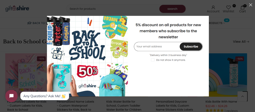 A vibrant back-to-school sale display on an ecommerce website with colorful school bags, notebooks, and discount offers.