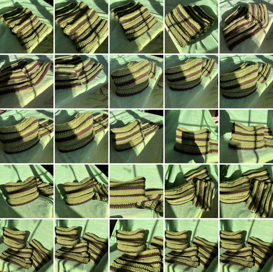 a collage of 25 pictures taken of two green and brown hats with a green background in various positions