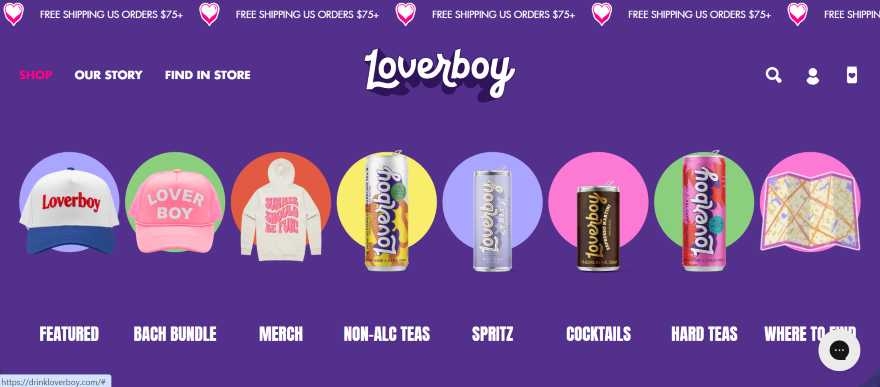 Diverse range of products displayed on an ecommerce site navigation bar, including branded apparel and various drinks.