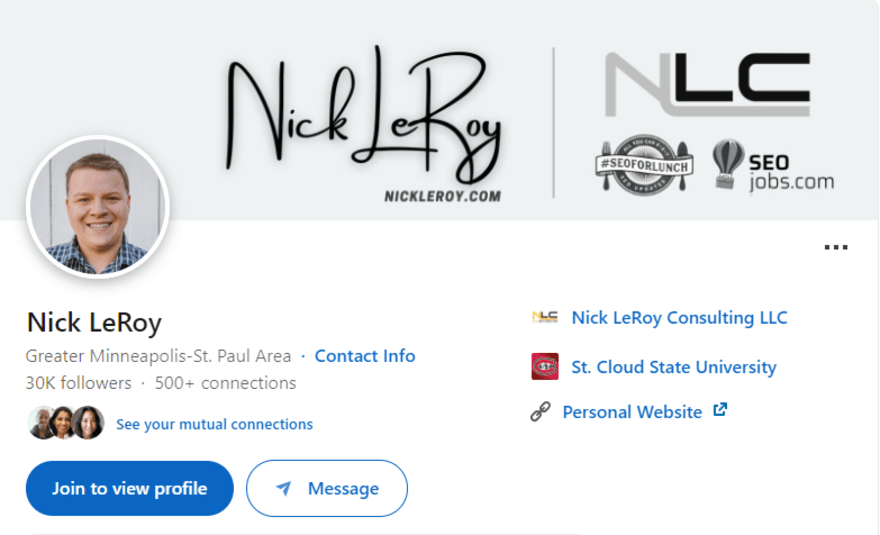 screenshot of Nick LeRoy's LinkedIn header and profile photo