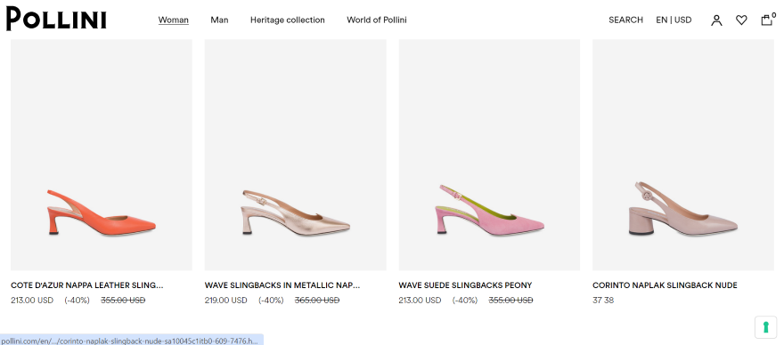 A diverse collection of high-end shoes displayed on an ecommerce website.