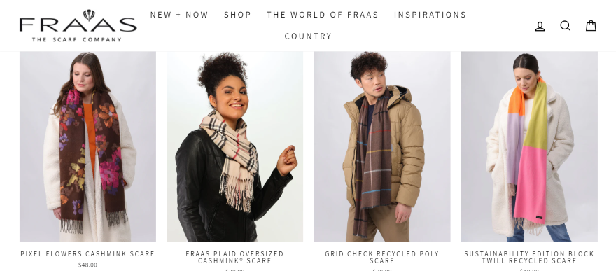 Screenshot of Fraas' homepage with product listings of patterned fall and winter scarves