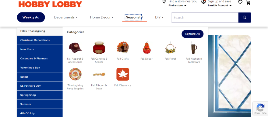 Screenshot of Hobby Lobby's navigation bar highlighted over its seasonal section, with a focus on fall products