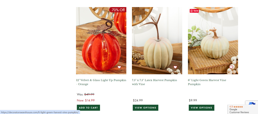 Decorators Warehouse's product page listing Fall decor with pumpkin figures for the home.