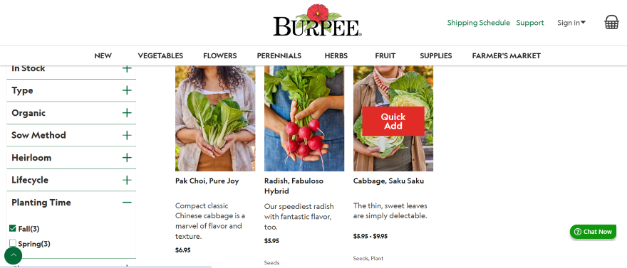 Screenshot of a product page for Burpee with seasonal seeds to choose from