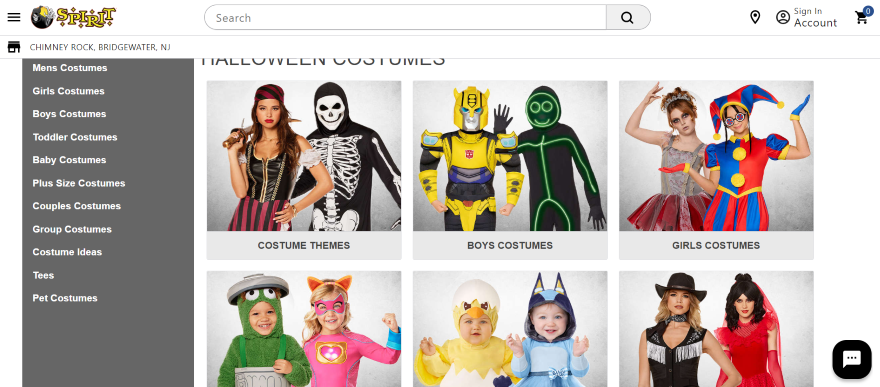 Screenshot of Spirit's Halloween costume page with different categories