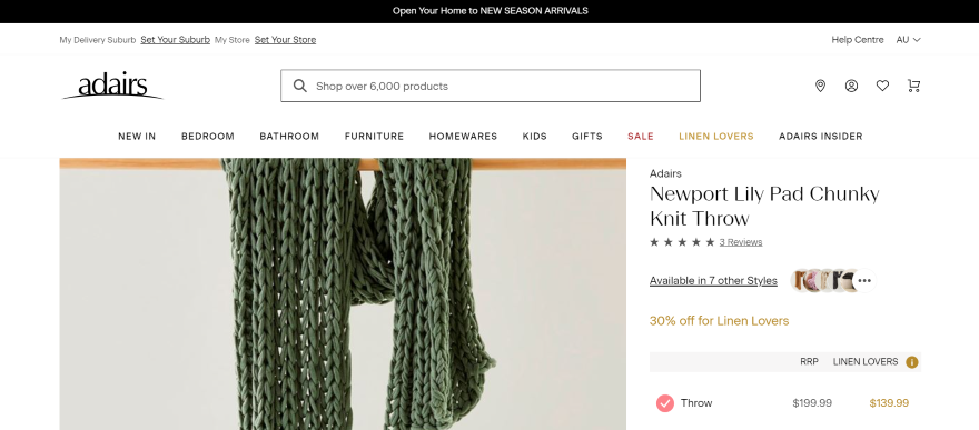 Screenshot of a product listing page for Adairs' colourful knit throws