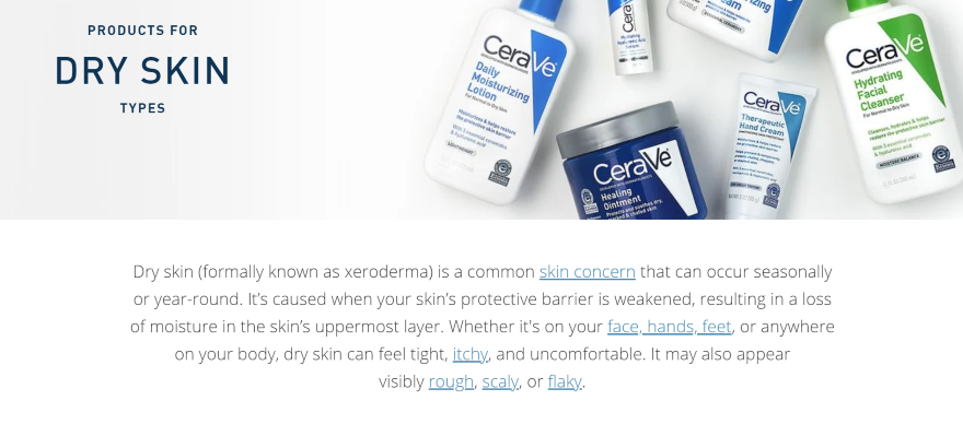 Screenshot of a CeraVe landing page for customers with dry skin