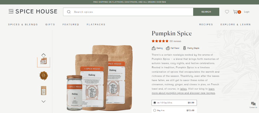 Screenshot of The Spice House's product listing of their pumpkin spice mix for baking and drinking