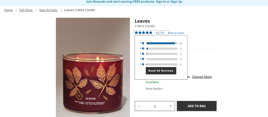 Screenshot of a Bath and Body Works product listing page of a fall candle