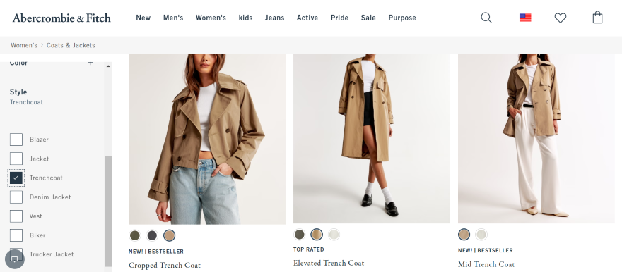 Screenshot of Abercrombie & Fitch's ecommerce page showcasing different trench coats to buy