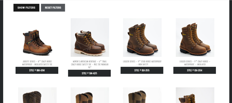 Screenshot or Thorogood's product listing page featuring brown, waterproof work boots