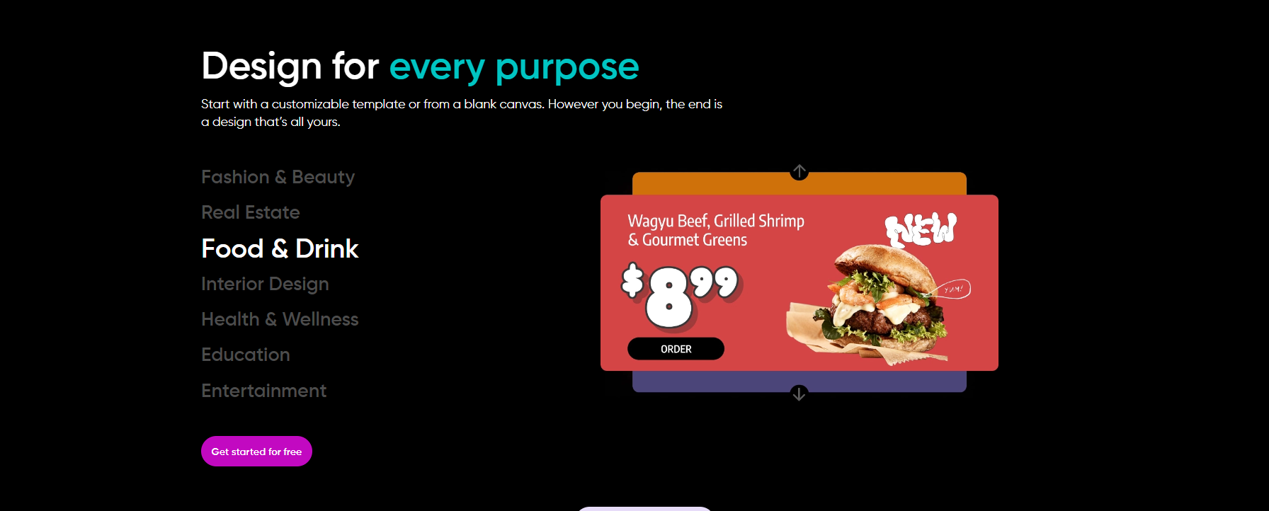 screenshot of PicsArt website home page showcasing design example with caption design for every purpose